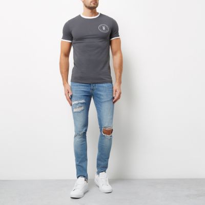 Grey muscle fit ringer T-shirt